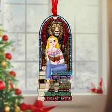 Load image into Gallery viewer, Custom Ornament for Book Enthusiasts - Girl on Book Stack Ornament PopCulturePrints
