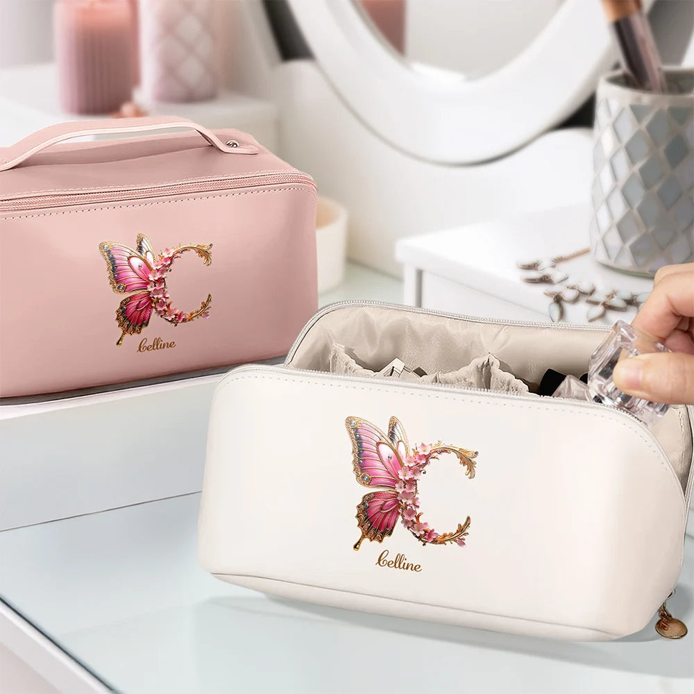 Embrace Elegance: Flower Butterfly Monogram - Personalized Leather Makeup Bag Leather Makeup Bag PopCulturePrints