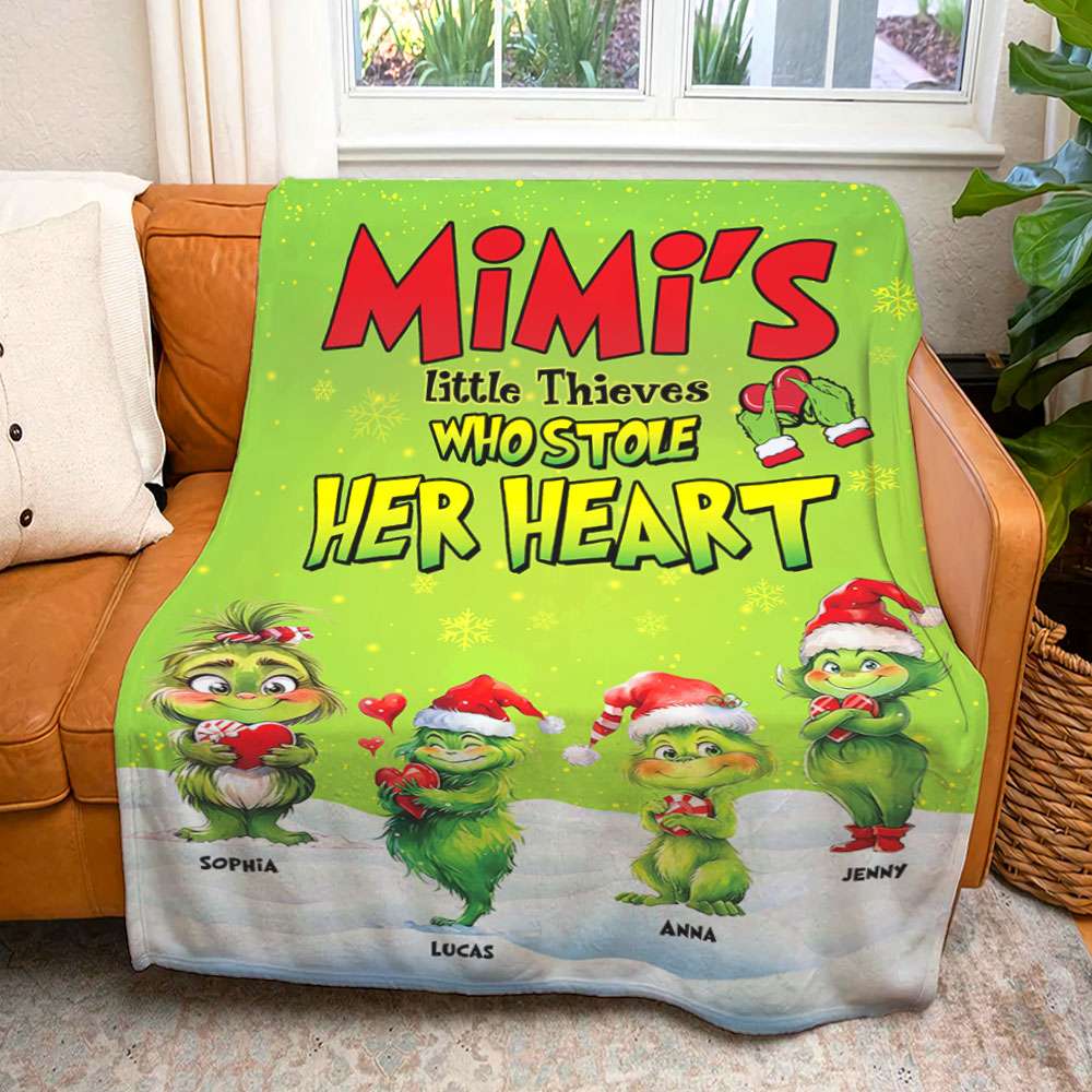 Mimi's Little Thieves who Stole Her Heart, Personalized Blanket for Grandma, Green Kids Christmas Blanket