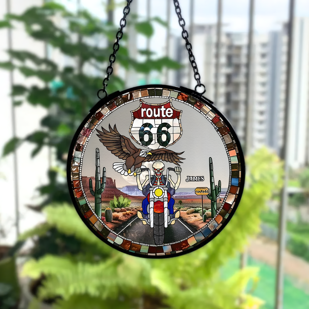 Personalized Route 66 Biker Suncatcher - Skull Motorcycle Stained Glass