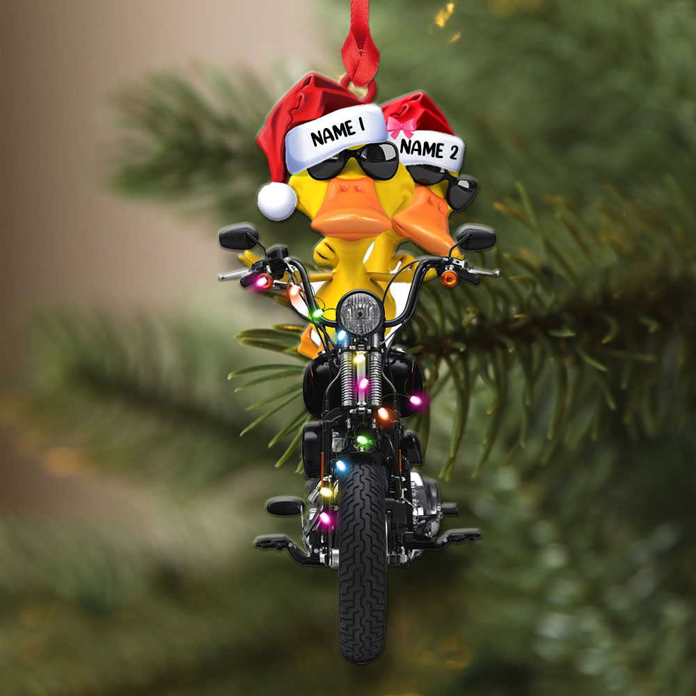 Personalized Duck Couple Christmas Ornament - Biker Theme