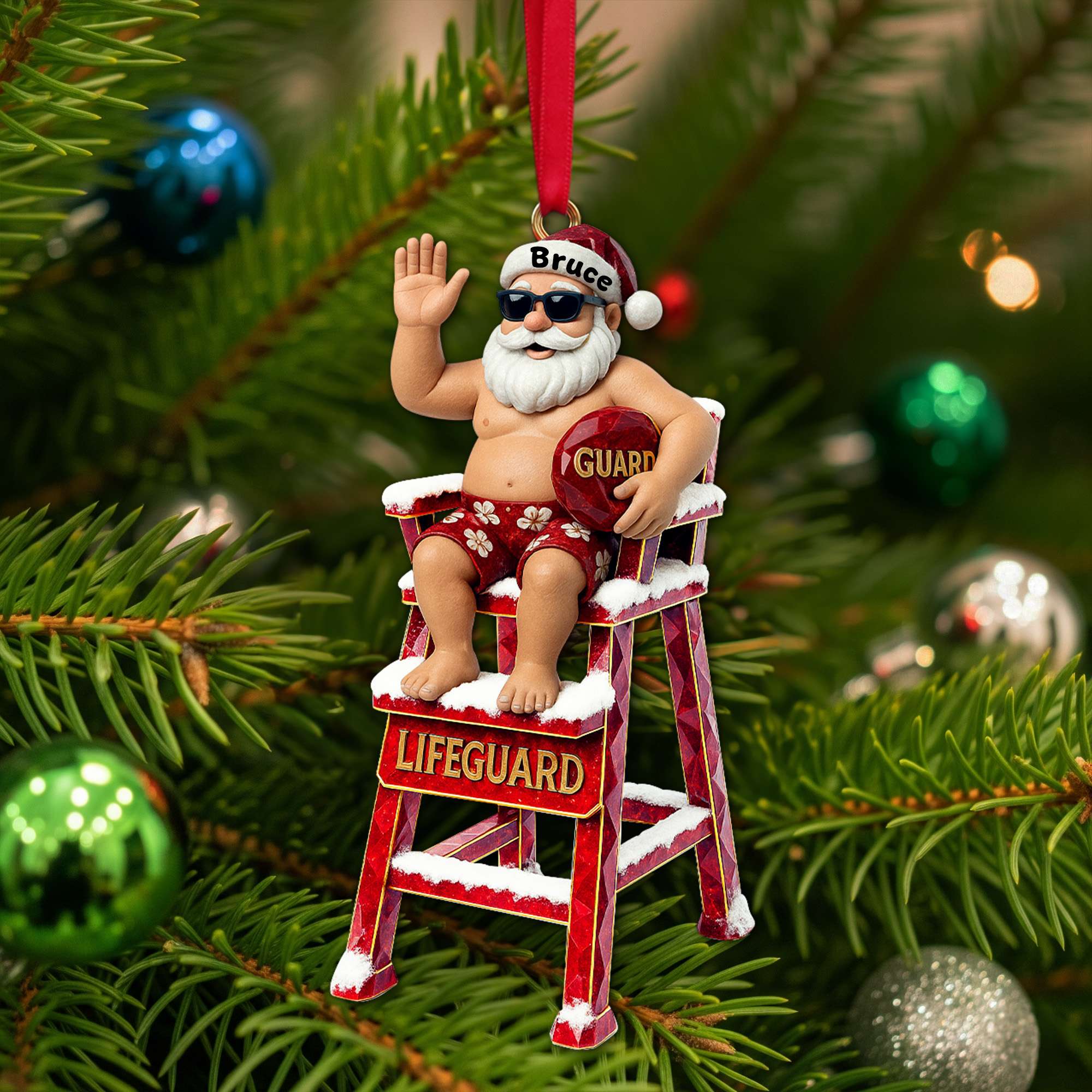 Ho Ho Ho! Celebrate Christmas with a Fun Beach Lifeguard Santa Ornament - Personalized Gift for Lifeguards and Beach Lovers Ornament PopCulturePrints
