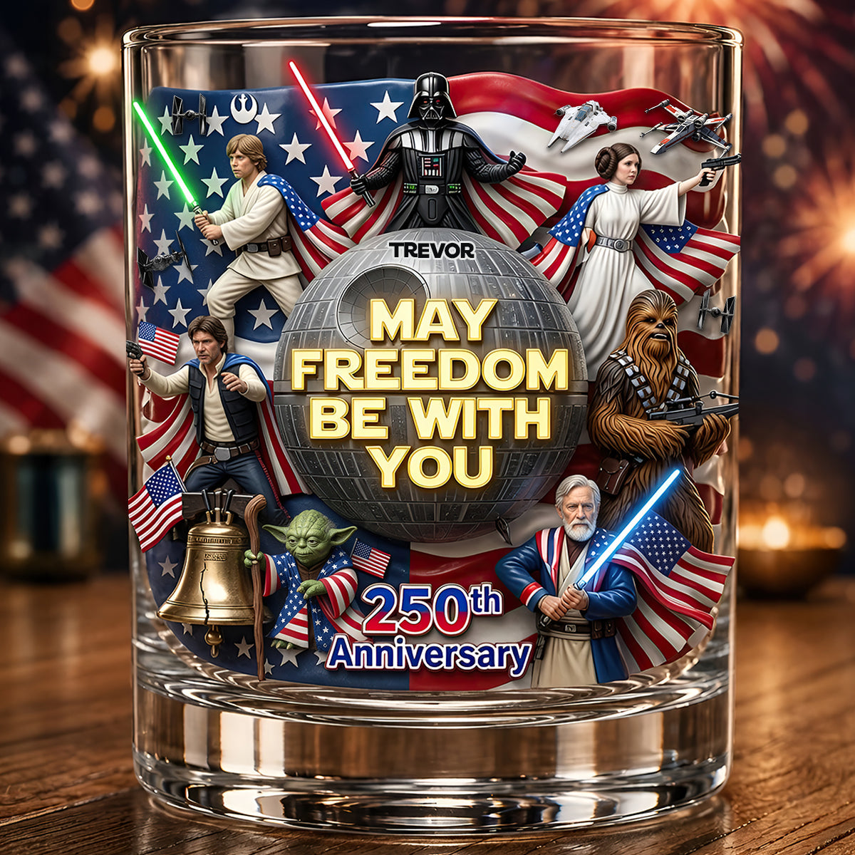 “May Freedom Be With You” - Personalized Round Glass for 250th Anniversary Gift Glass PopCulturePrints