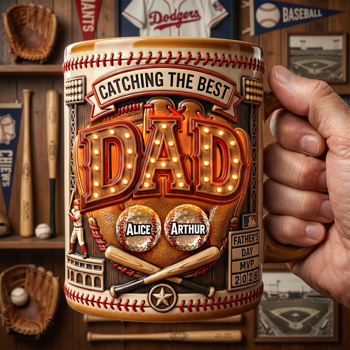 Catching the Best DAD - Personalized Baseball Dad MVP Coffee Mug for Father's Day Gifts Coffee Mug PopCulturePrints
