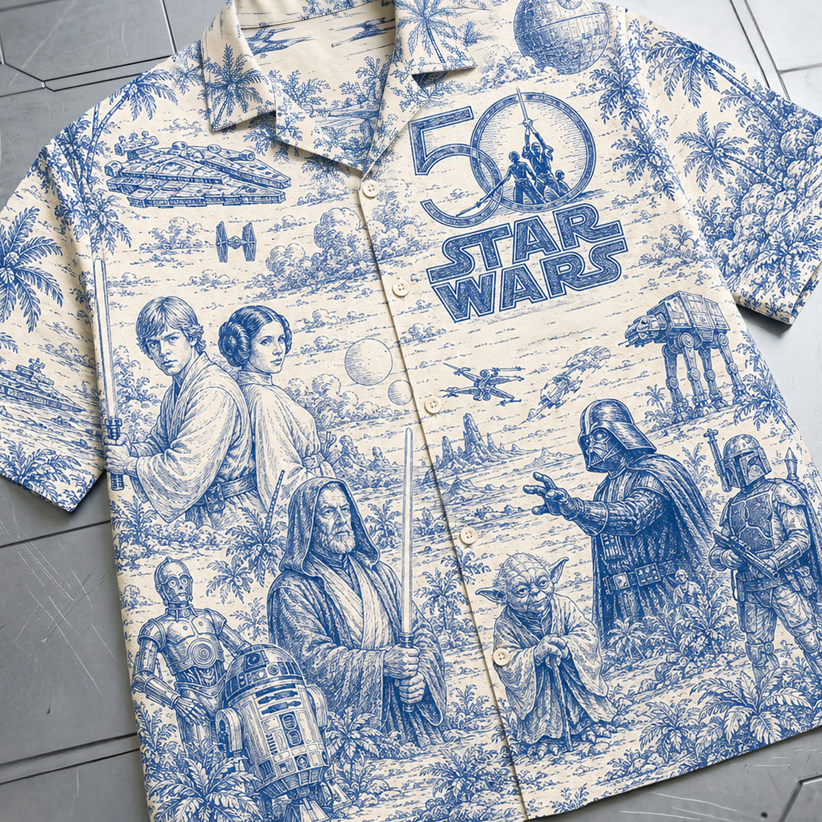 "Celebrate the Force in Style!" - Warriors 50th Anniversary Toile De Jouy Hawaiian Shirt - Personalized Gifts for Star Wars Fans