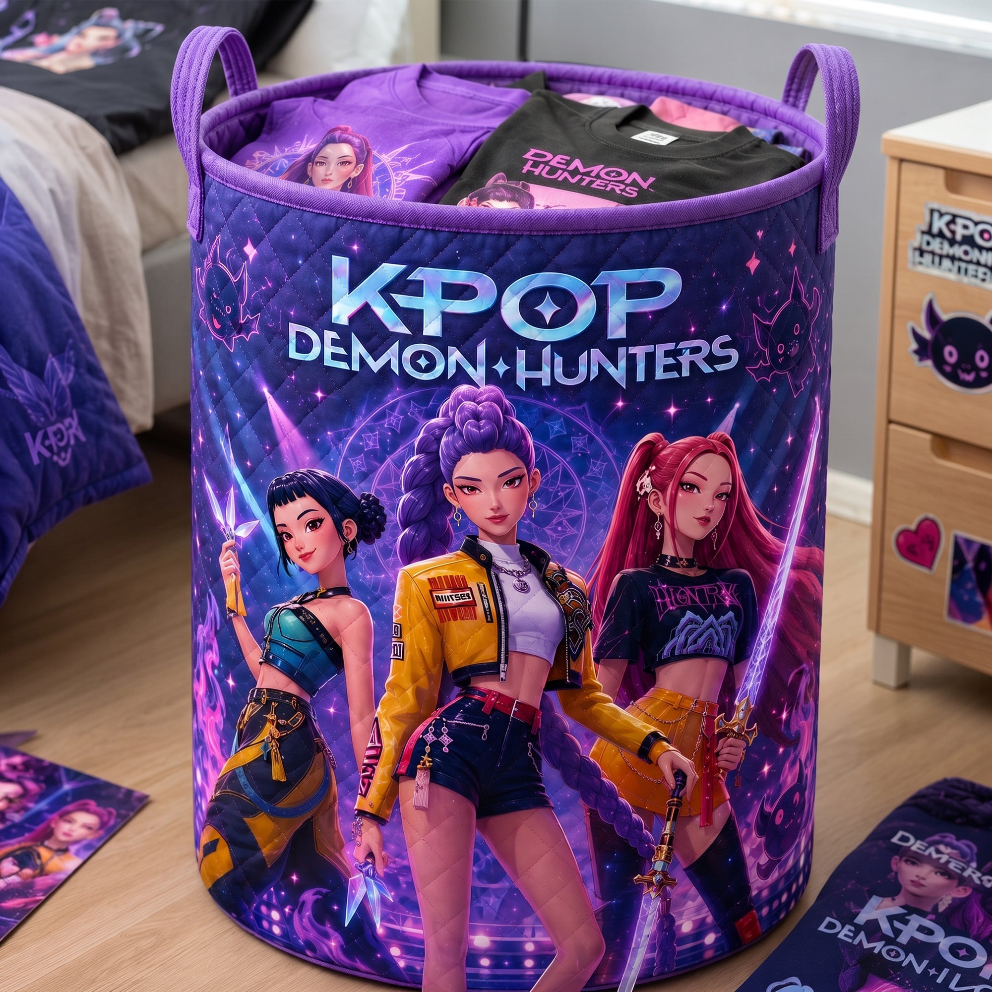 "Unleash Your Inner Heroine with KPOP Demon Hunters" - Personalized Quilted Laundry Basket - Custom Gift for Fans, Kids, and Occasional Artists