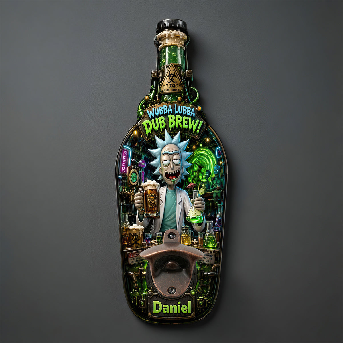 Wubba Lubba Dub Brew! - Personalized Crazy Scientist Wooden Wall Hanging Bottle Opener