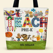 Load image into Gallery viewer, &quot;Teach with Joy!&quot; - Cute Children&#39;s Books Character Tote Bag - Personalized Gift for Teachers, Educators, and Book Lovers Tote Bags PopCulturePrints
