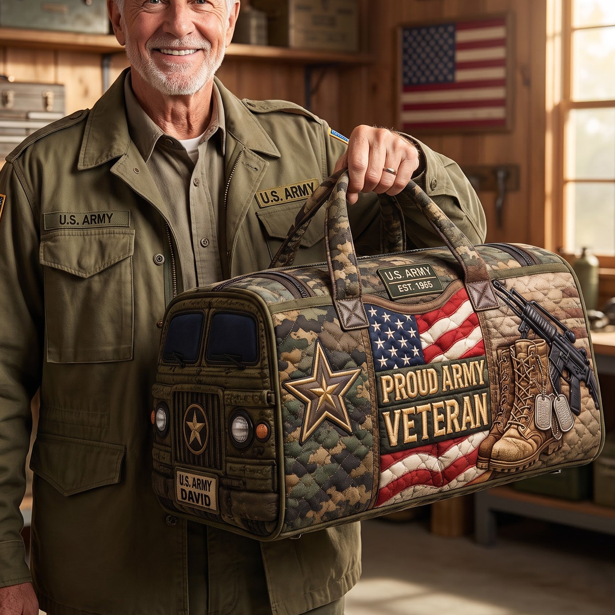 “Honor the Brave” - Military Quilted Duffle Bag - Personalized Gift for Veterans