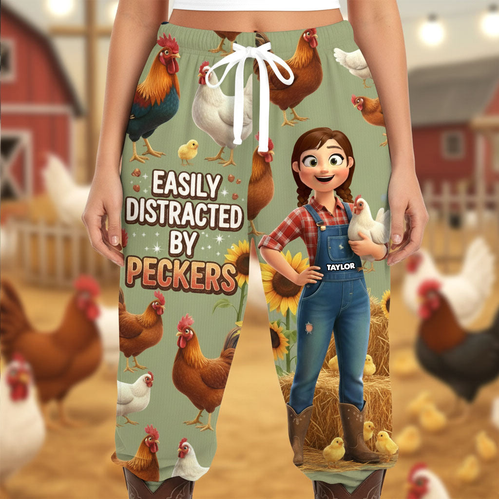 Easily Distracted by Peckers - Personalized Farm Chicken Pajama Pants Pajama Pant PopCulturePrints