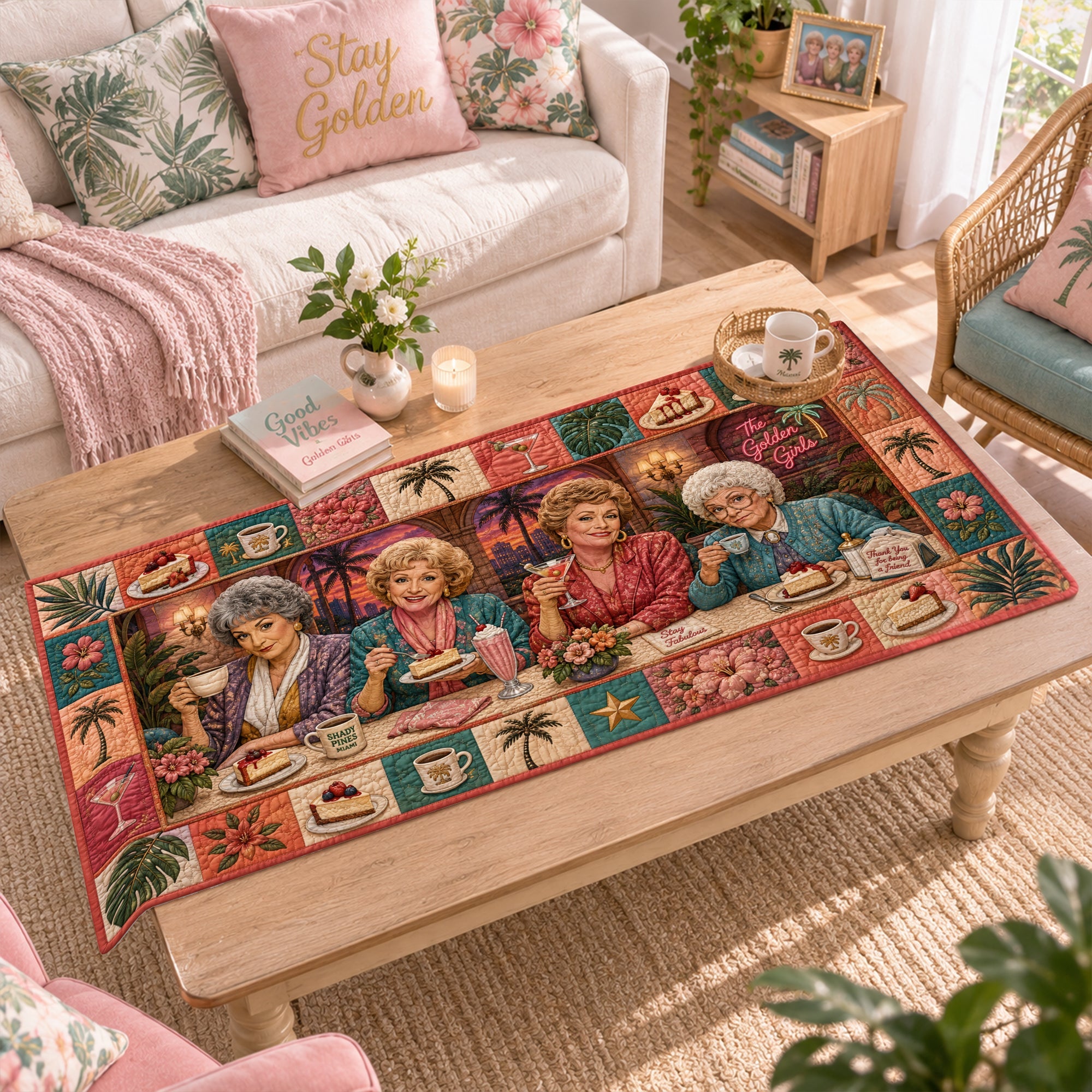 Stay Golden with Friends - Retro Ladies Quilted Table Runner - Personalized Gift for Everyone