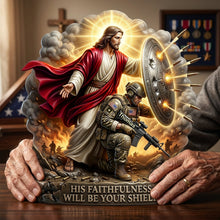 Load image into Gallery viewer, “His Faithfulness Will Be Your Shield” - Personalized Christian Soldier Shield Acrylic Plaque - Custom Gift for Veterans and Believers Shaped Plaques PopCulturePrints
