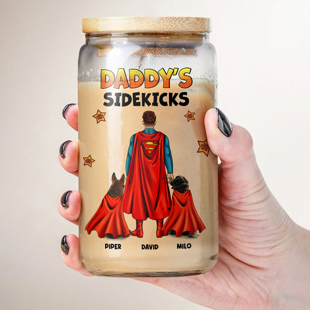Custom Superhero Dad and Pets Glass Can - Personalized Father's Day Gift Glass Can PopCulturePrints