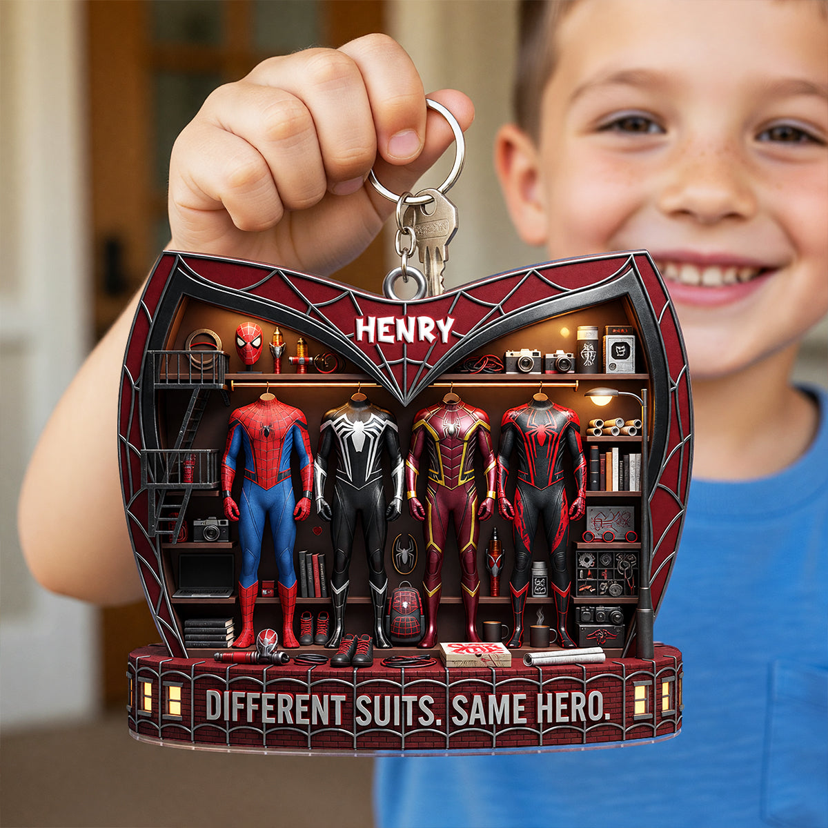 "Different Suits, Same Hero" - Personalized Masked Hero Keychain for Kids