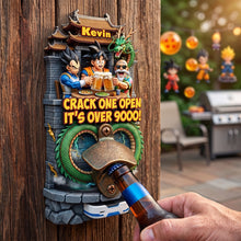 Load image into Gallery viewer, “Crack One Open It's Over 9000!” - Epic Warrior Wooden Wall Hanging Bottle Opener - Personalized Gift for Animation Lovers
