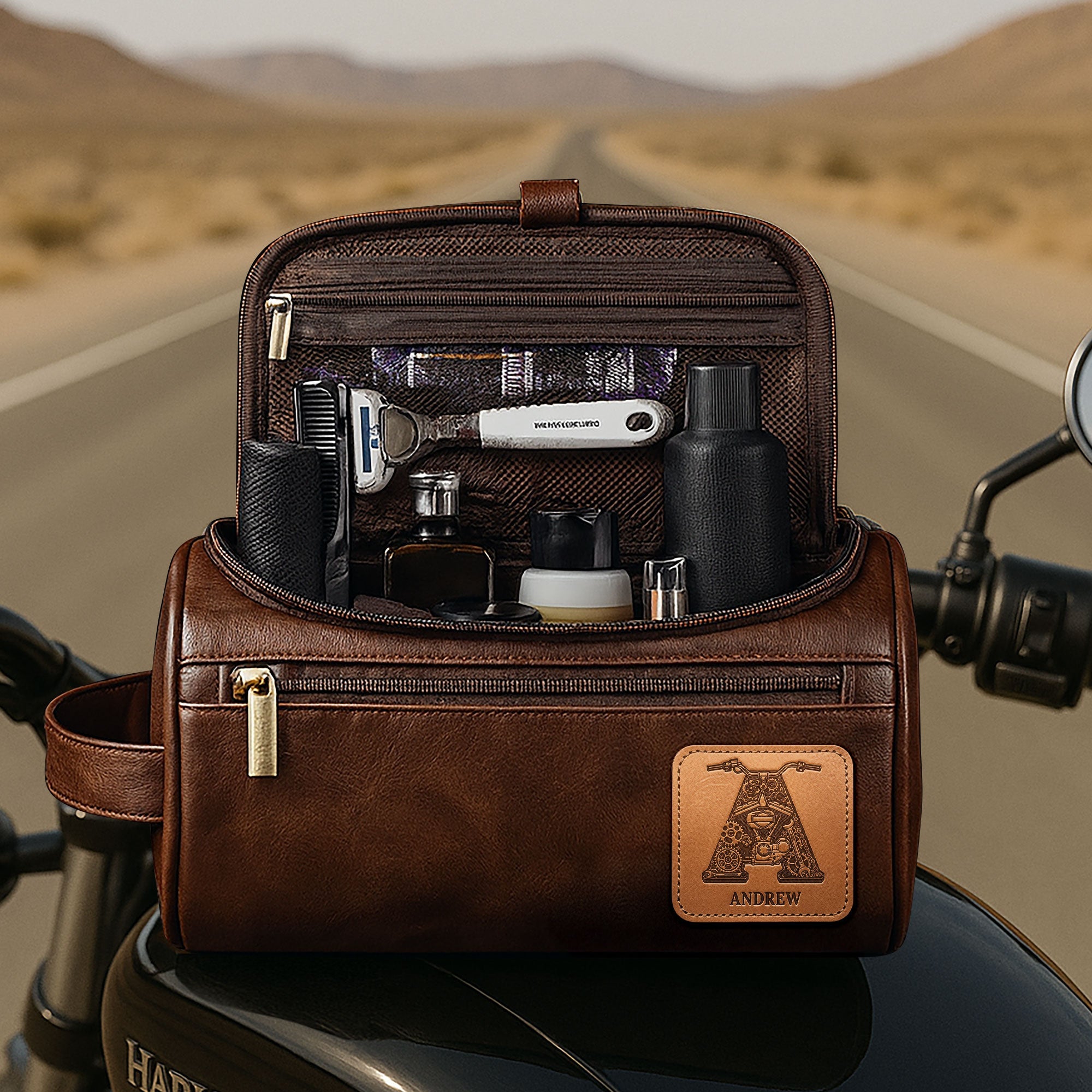Ride in Style: Personalized Motorcycle Initial Letter Leather Toiletry Bag - Perfect Gift for Bikers Toiletry Bag PopCulturePrints