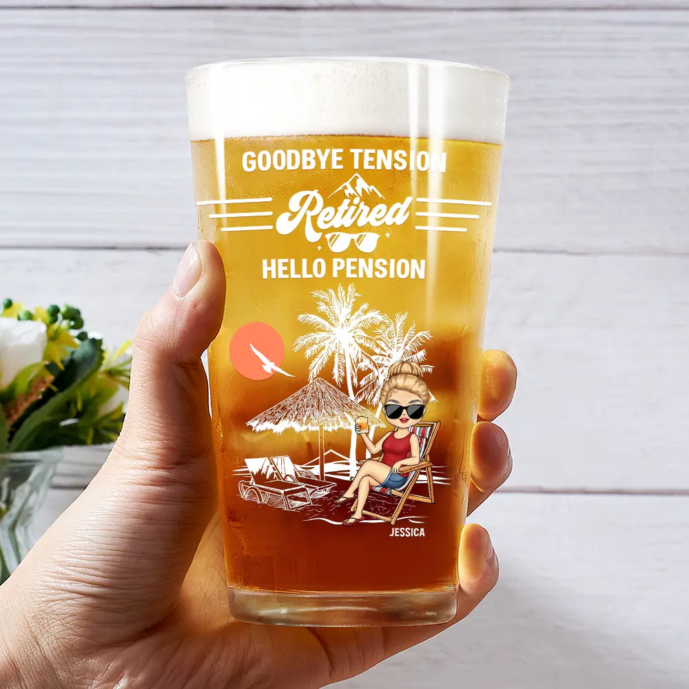 Goodbye Tension, Hello Pension - Personalized Beer Glass for Retirement Celebration Beer Glass PopCulturePrints