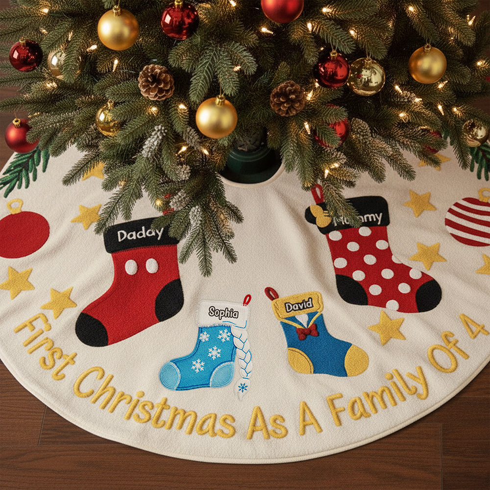 Celebrate Your First Christmas as a Family of 4 - Personalized Holiday Stocking Quilted Tree Skirt Tree Skirt PopCulturePrints