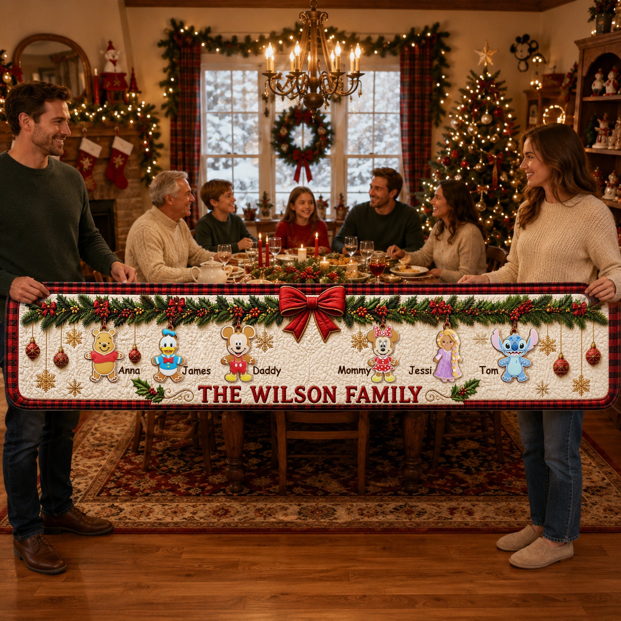 “Celebrate Family Moments” - Personalized Christmas Family Quilted Table Runner - Custom Gift for Families, Loved Ones, and Friends Quilted Table Runner PopCulturePrints