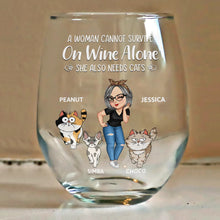 Load image into Gallery viewer, A Woman Cannot Survive On Wine Alone, She Also Needs Cats - Personalized Stemless Wine Glass | Perfect Gift for Cat Moms Wine Glass PopCulturePrints
