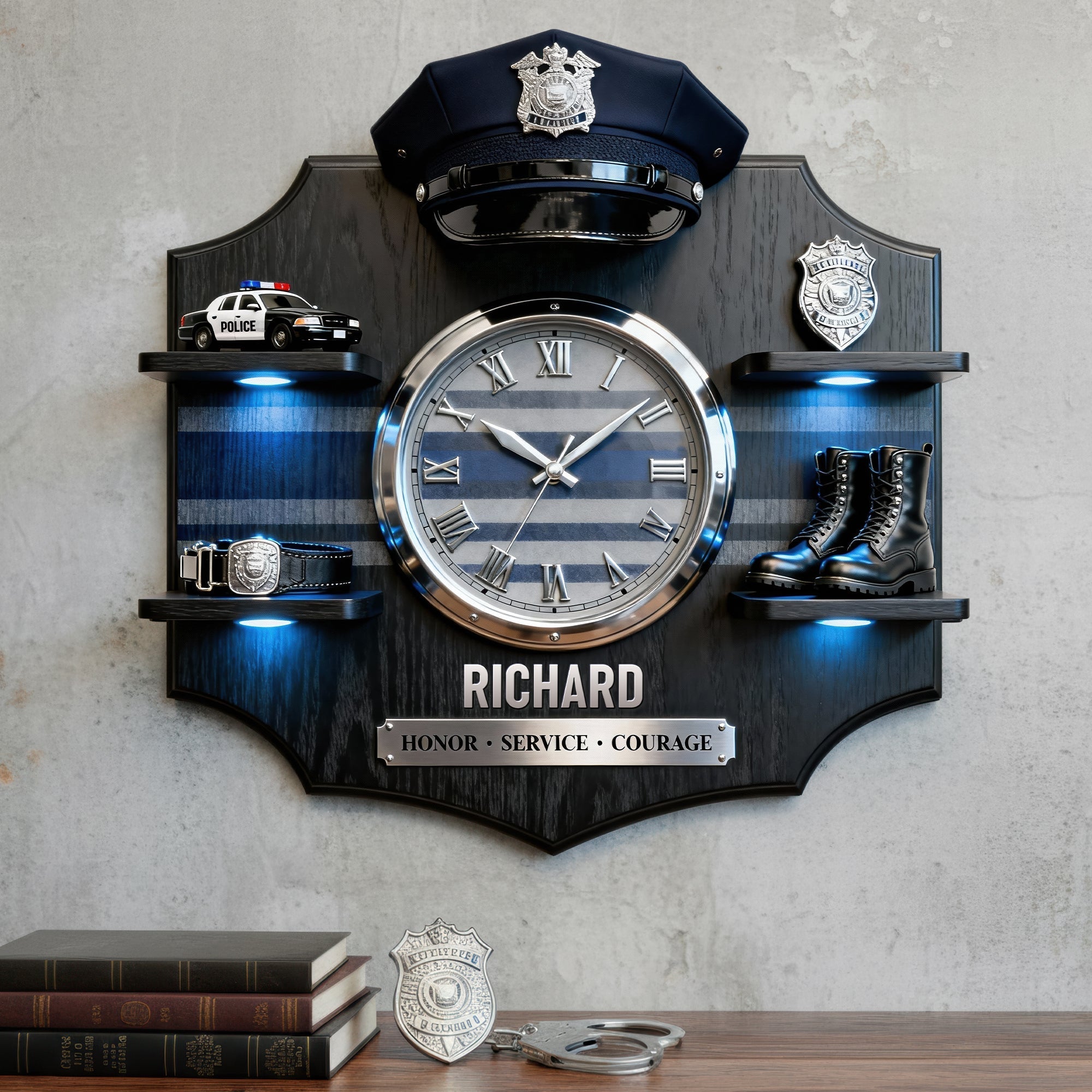 Honor, Service, Courage – Personalized Police Appreciation Acrylic Clock Gift for Officers Hanging Wall Clock PopCulturePrints