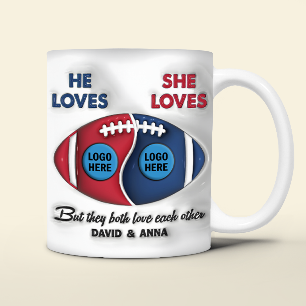 Personalized Couple Coffee Mug - American Football Lovers He Loves She Loves