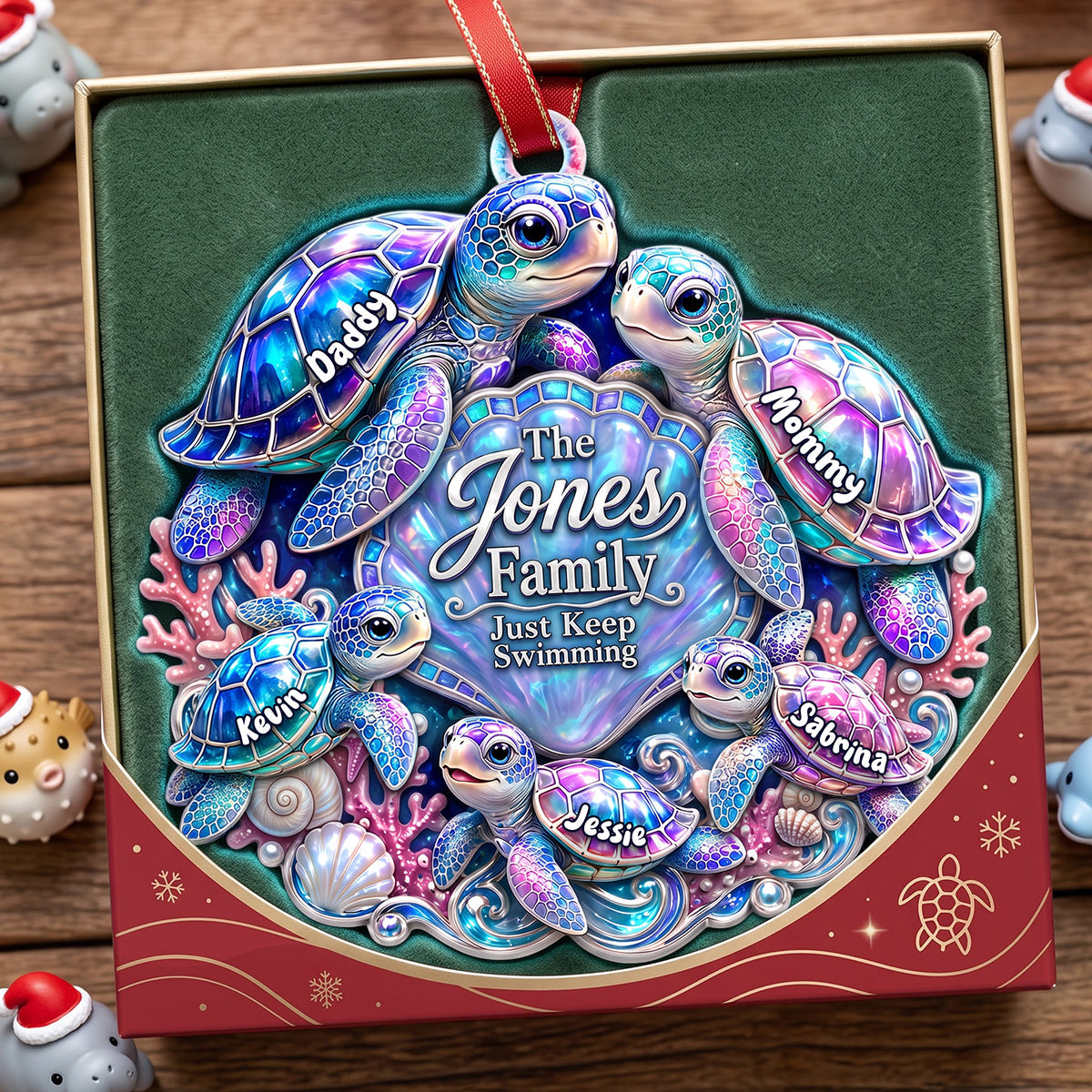 Just Keep Swimming - Personalized Turtle Family Ornament for Christmas