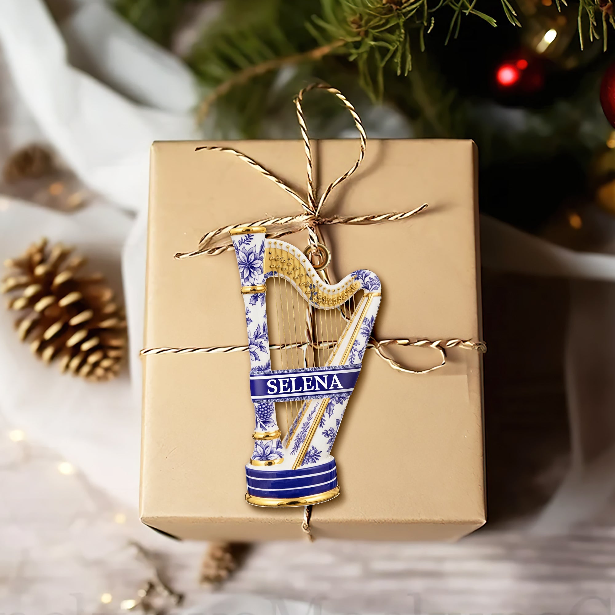 “Note the Melody of Memories” - Harp Toile de Jouy Ornament - Personalized Gift for Music Lovers Ornament PopCulturePrints