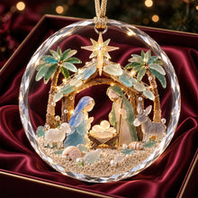 Load image into Gallery viewer, “Celebrate the Birth of Christ” - Holly Nativity Sea Glass Christmas Crystal Ornament - Personalized Gift for Christians
