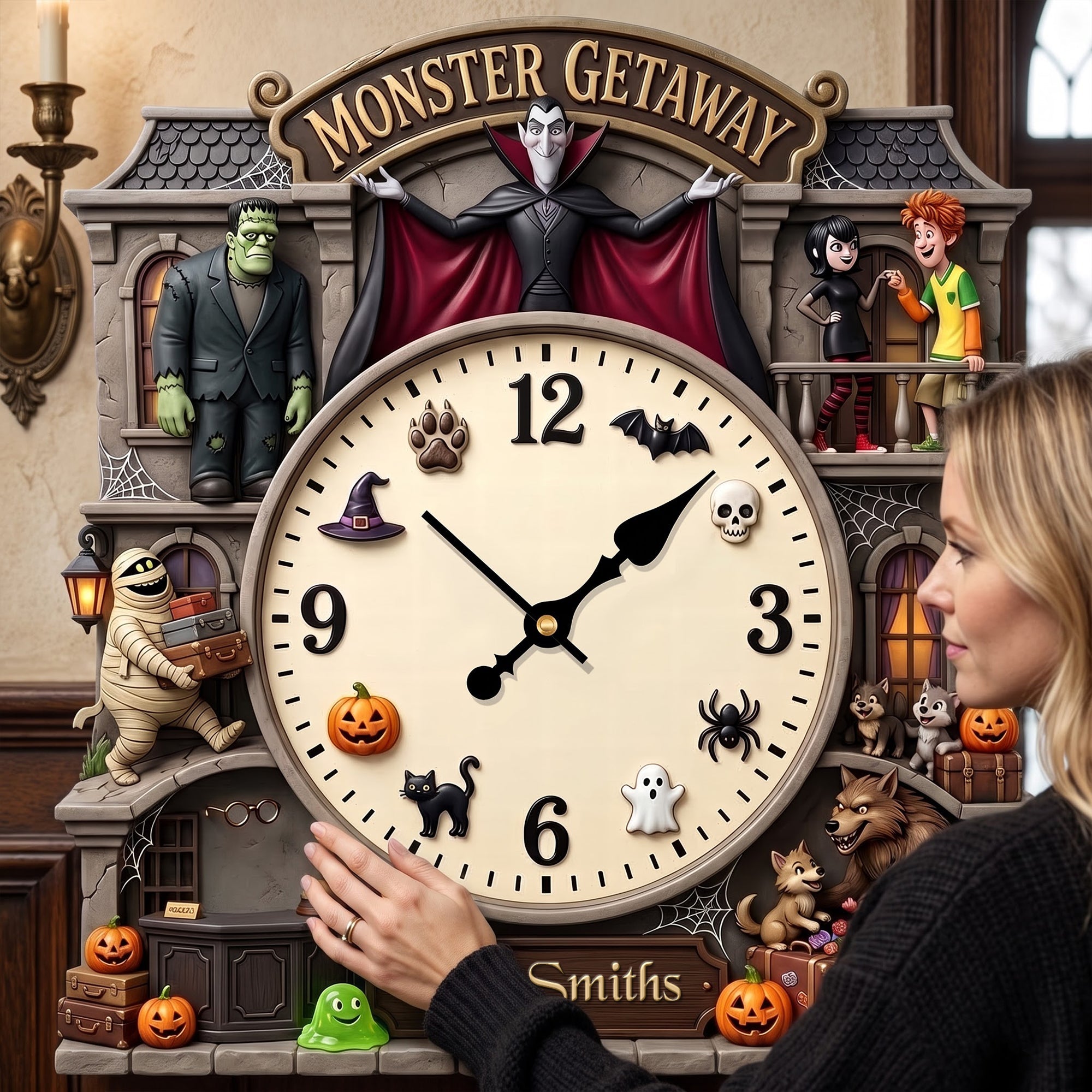 "Time for a Spooktacular Halloween" - Conjuring Mansion Hanging Wall Clock, Personalized Gift for Halloween Enthusiasts