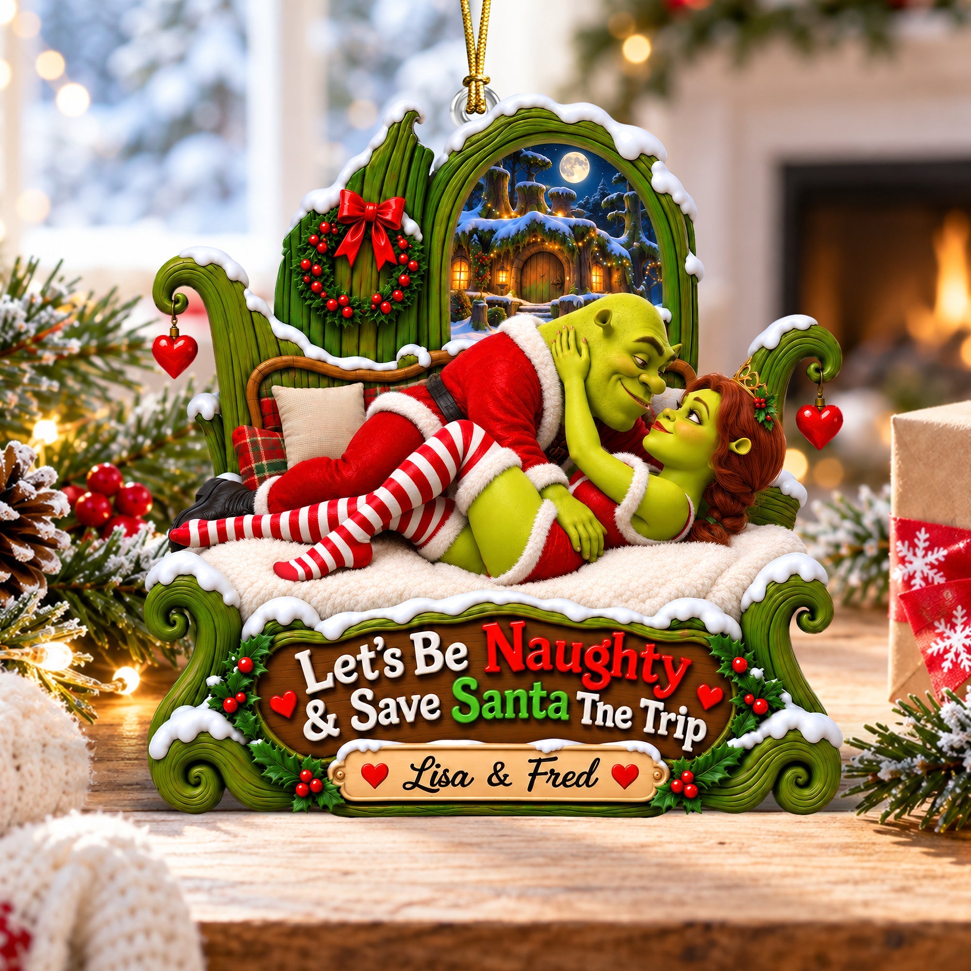 Let's Be Naughty & Save Santa The Trip - Personalized Christmas Ornament for Couples