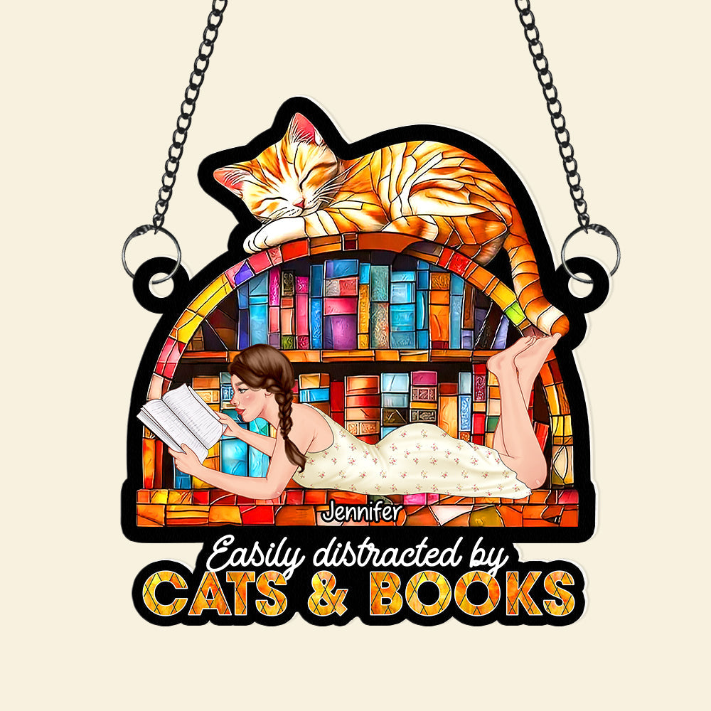 Personalized Suncatcher Ornament for Book Lovers - Easily Distracted by Cats & Books Ornament PopCulturePrints