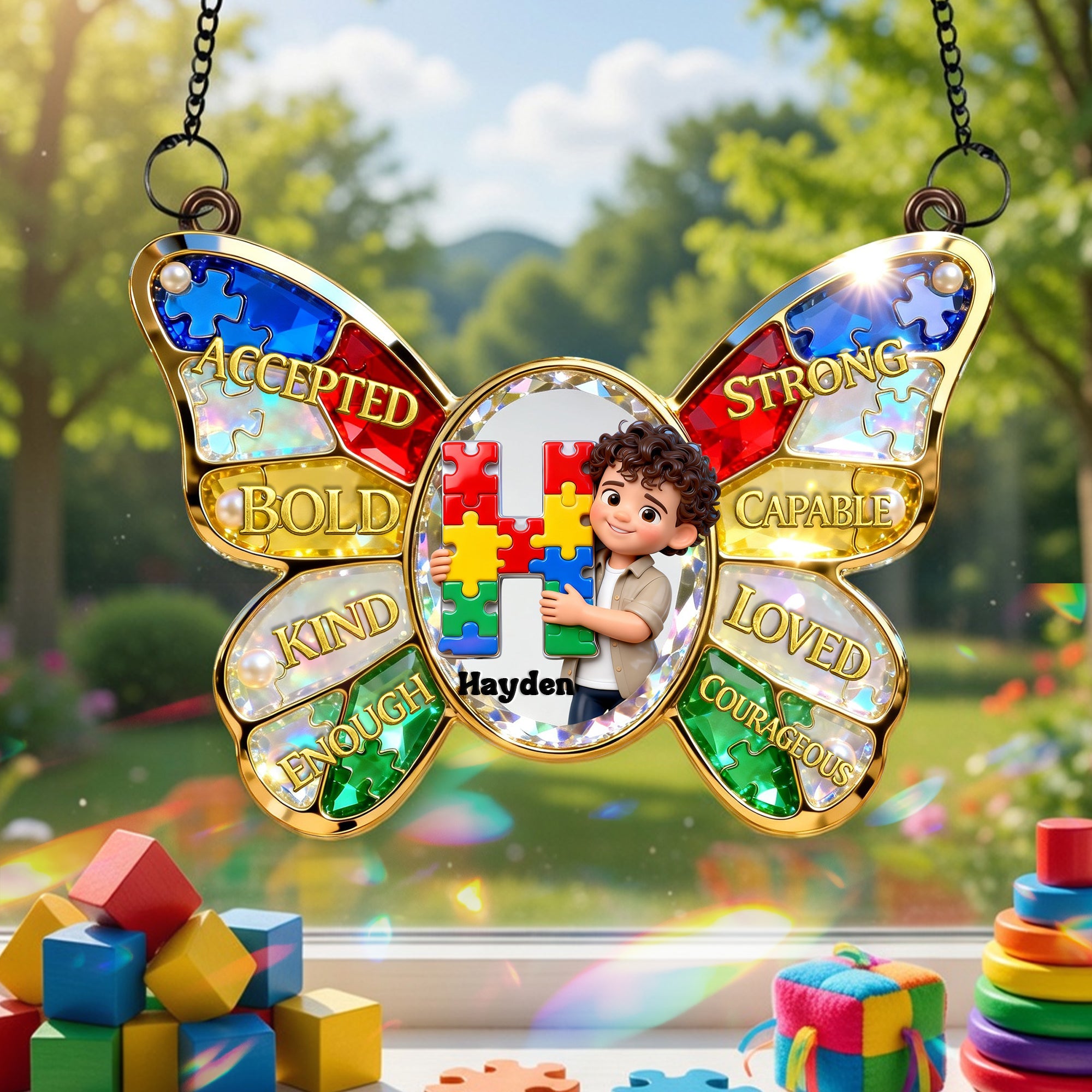 “Shining Bright, Just Like Them” - Personalized Autism Kids Suncatcher Ornament - Custom Photo Gift for Children & Loved Ones Ornament PopCulturePrints