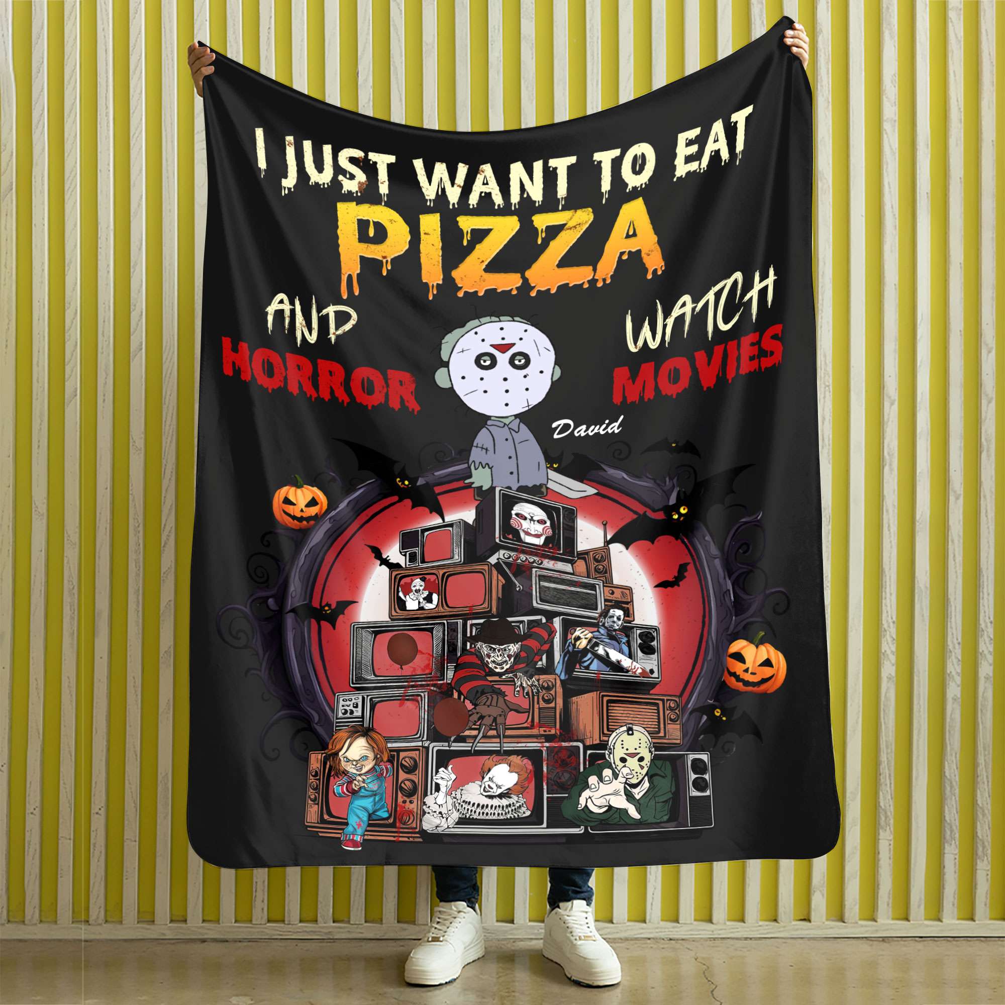 Personalized Horror Movie Lover's Blanket - Eat Pizza and Watch Horror Movies Design