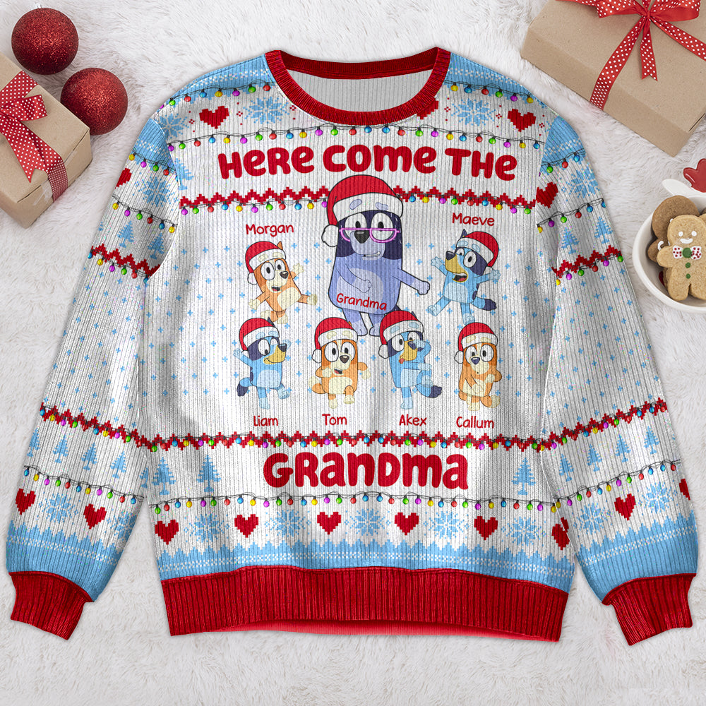 Personalized Grandma Christmas Sweater with Cartoon Characters