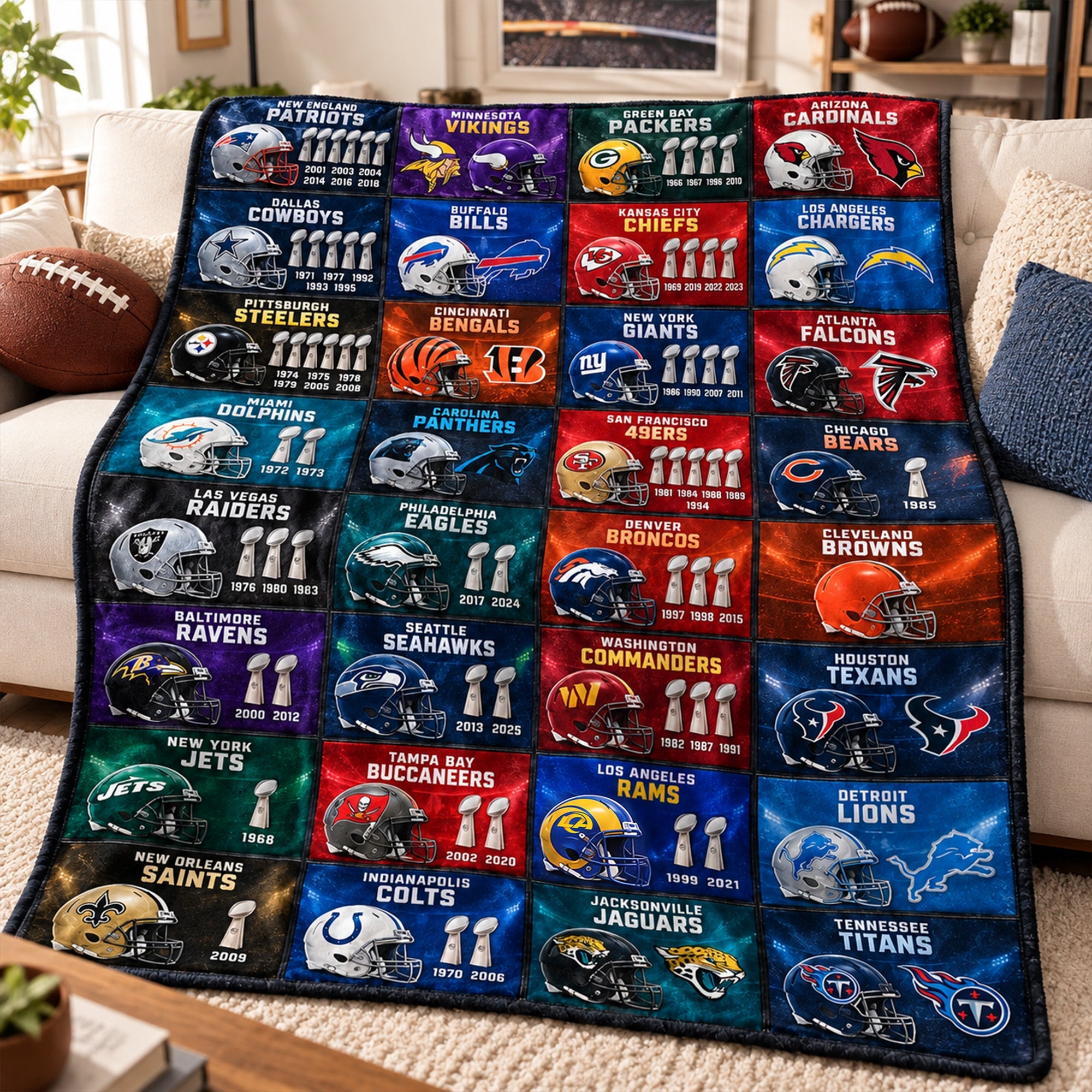 “Show Your Team Spirit!” - Professional Team Helmets Arranged In A Grid Pattern Blanket - Personalized Sport Gift for Fans Blanket PopCulturePrints