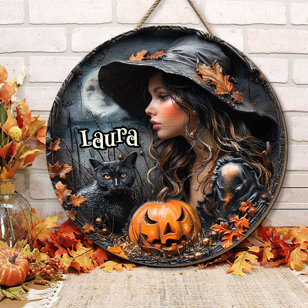 Personalized Halloween Witch Round Wood Sign - Custom Home Decor