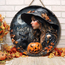 Load image into Gallery viewer, Personalized Halloween Witch Round Wood Sign - Custom Home Decor
