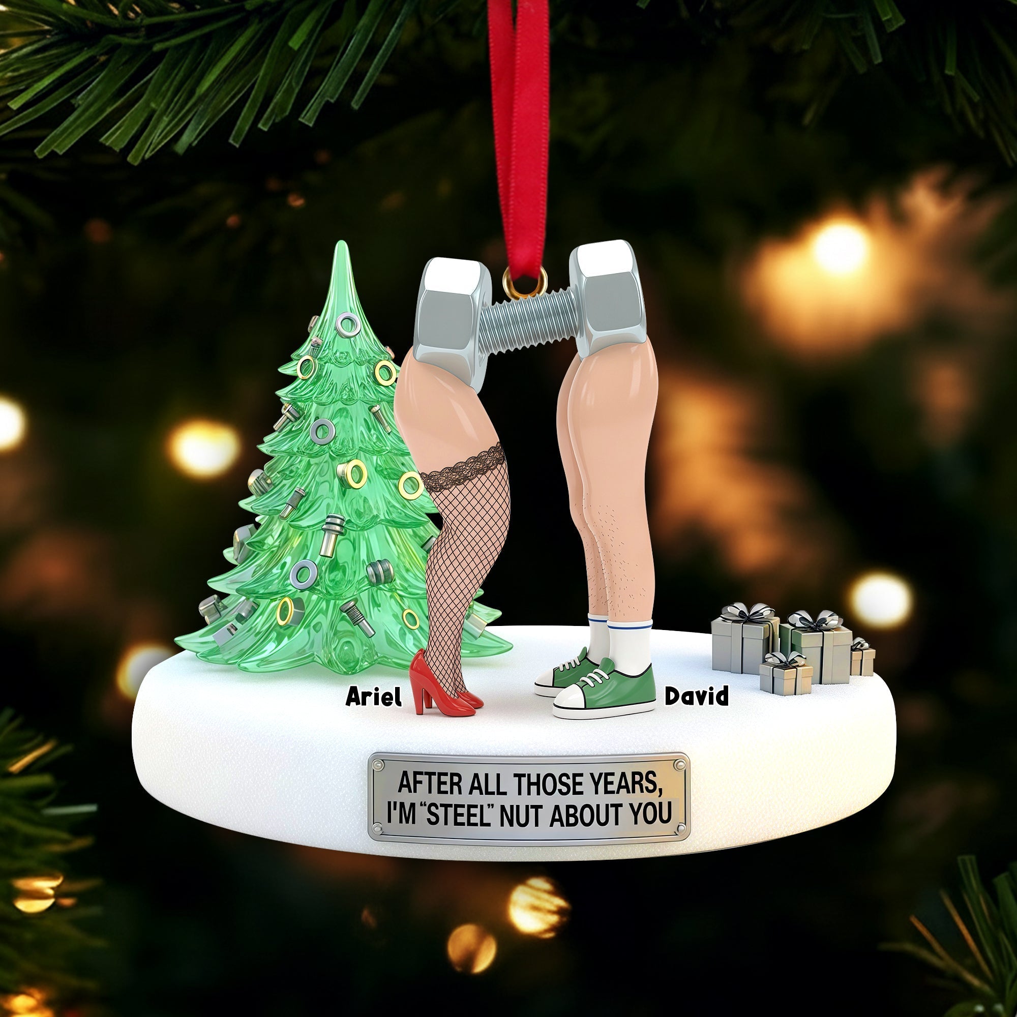 “After All Those Years, I’m ‘Steel’ Nut About You” - Personalized Naughty Nut and Screw Couple Ornament - Gift for Couples, Romantic Partners, Anniversaries Ornament PopCulturePrints