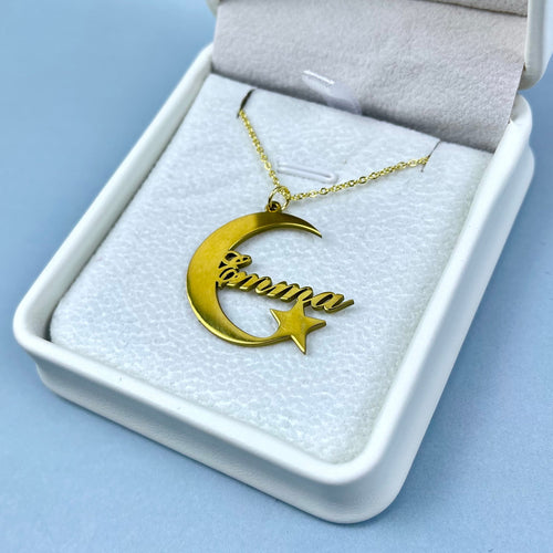 “Shine Bright Like a Star” - Personalized Name Necklace with Crescent Moon & Star Charm - Custom Gift for Mom, Grandma, and Loved Ones Necklace PopCulturePrints