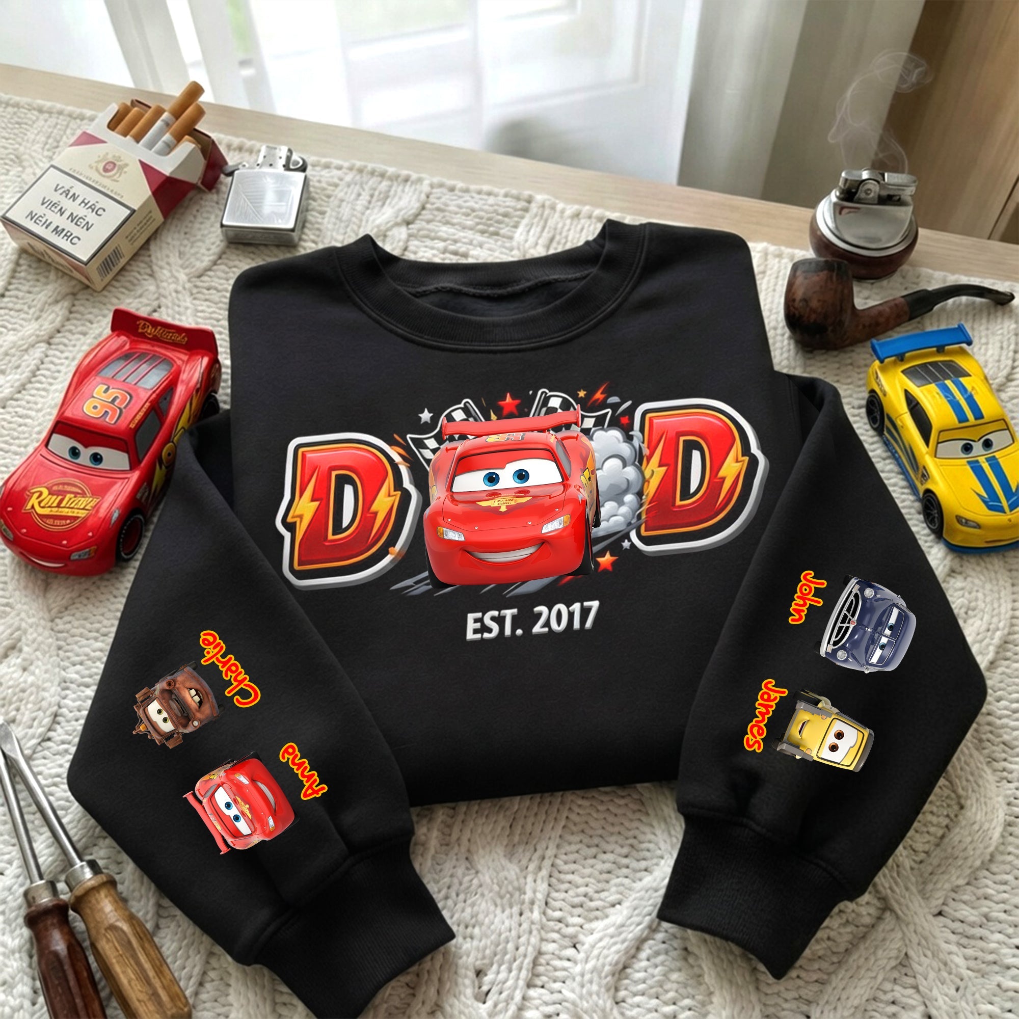 "Rev Up Your Love!" - Personalized Racing Dad Crew Shirt - Perfect Gift for Dads and Grandpas AOP Products PopCulturePrints