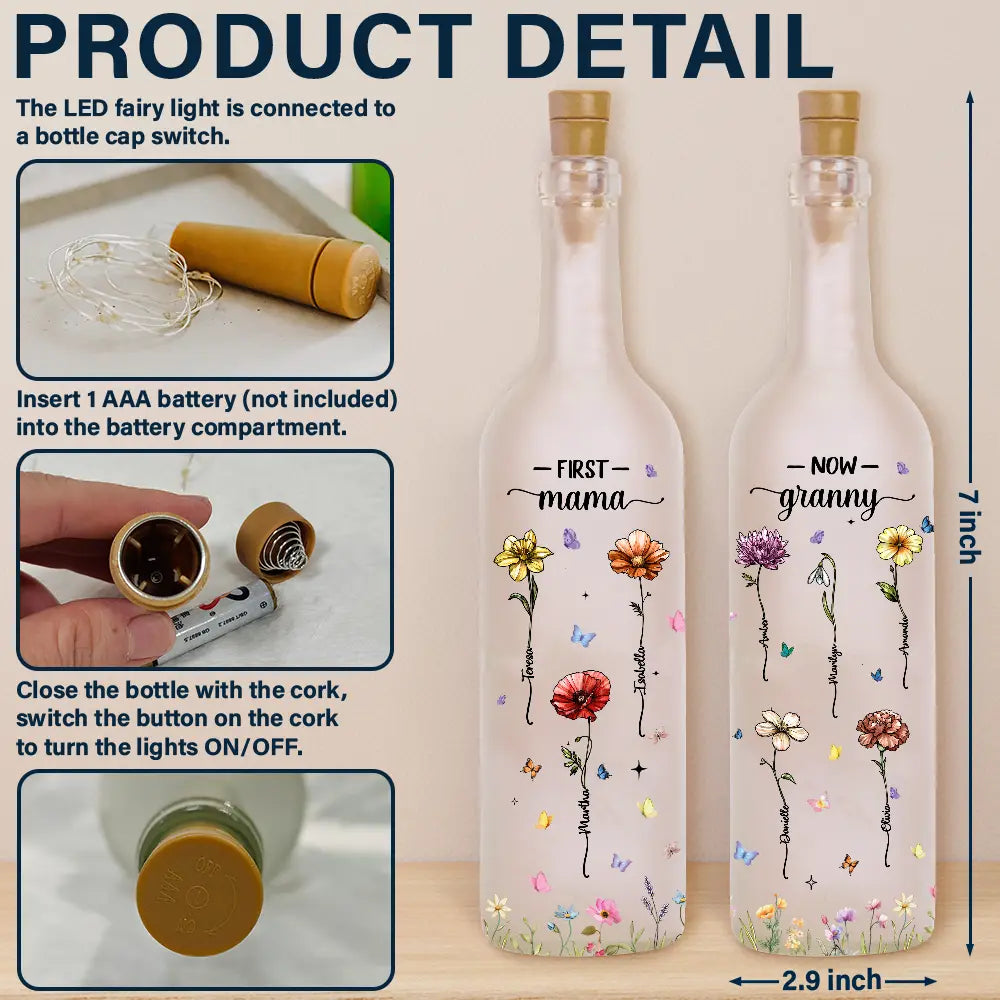 "From First Mom to Now Grandma: A Floral Tribute" - Personalized Bottle Light Gift for Mom, Grandma, and Loved Ones Bottle Light PopCulturePrints