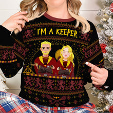 Load image into Gallery viewer, Personalized Couple Ugly Sweater - I&#39;m a Catch, I&#39;m a Keeper
