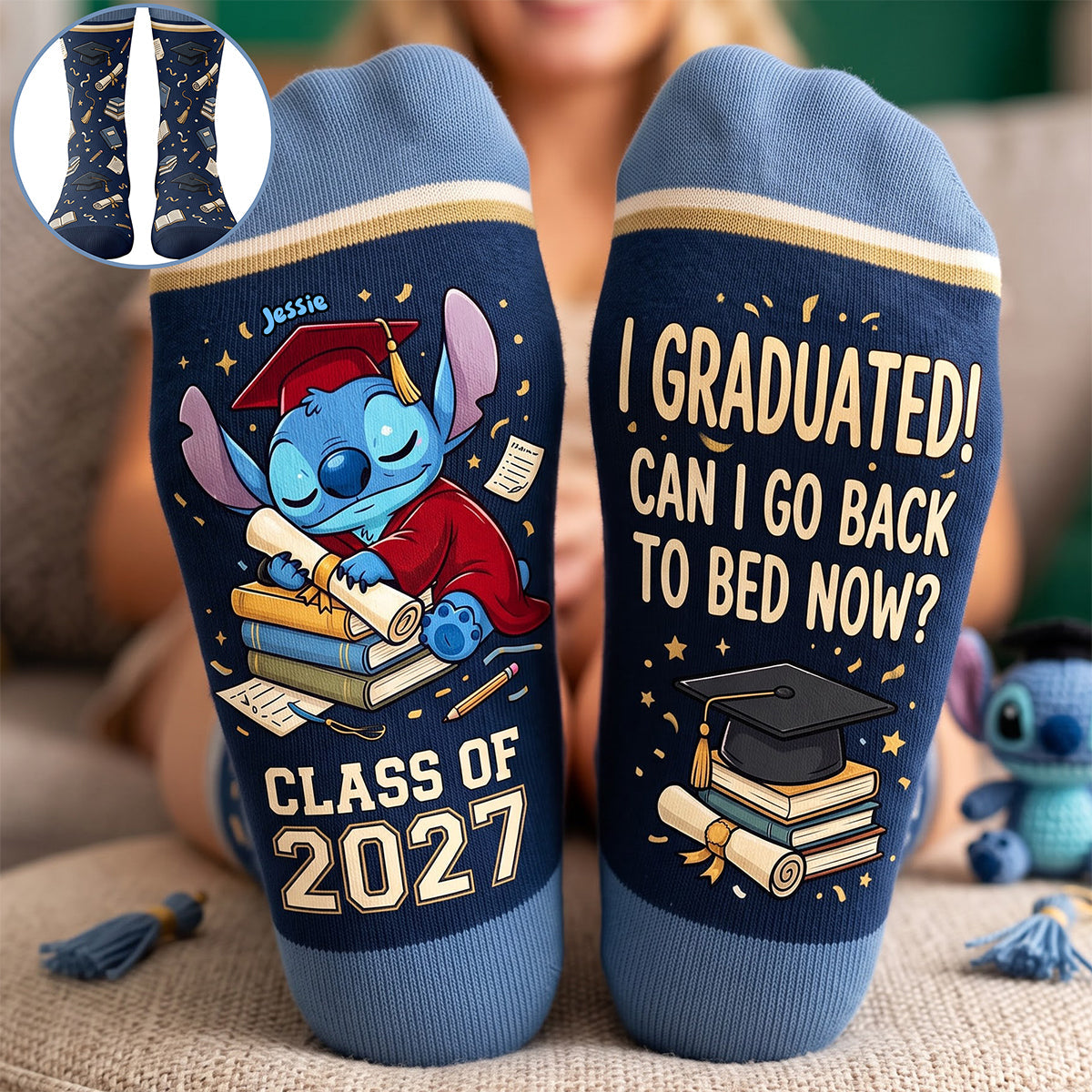Celebrate Your Achievement – Adorable Graduation Character Middle Tube Socks | Personalized Gift for Graduates