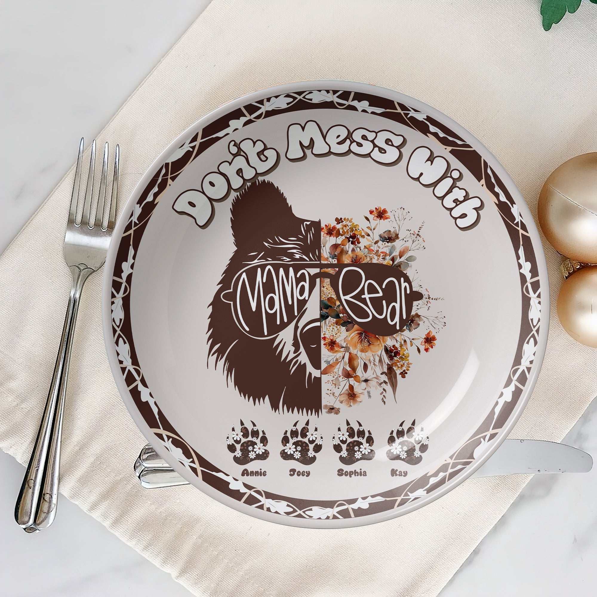 "Don't Mess With Mama Bear" - Personalized Ceramic Round Plate - Gift for Mom, Grandma, and More Ceramic Round Plate PopCulturePrints