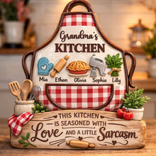 Load image into Gallery viewer, "This Kitchen is Seasoned with Love and a Little Sarcasm" - Mama's Kitchen Acrylic Plaque | Personalized Gift for Mom, Grandma, and Loved Ones Shaped Plaques PopCulturePrints
