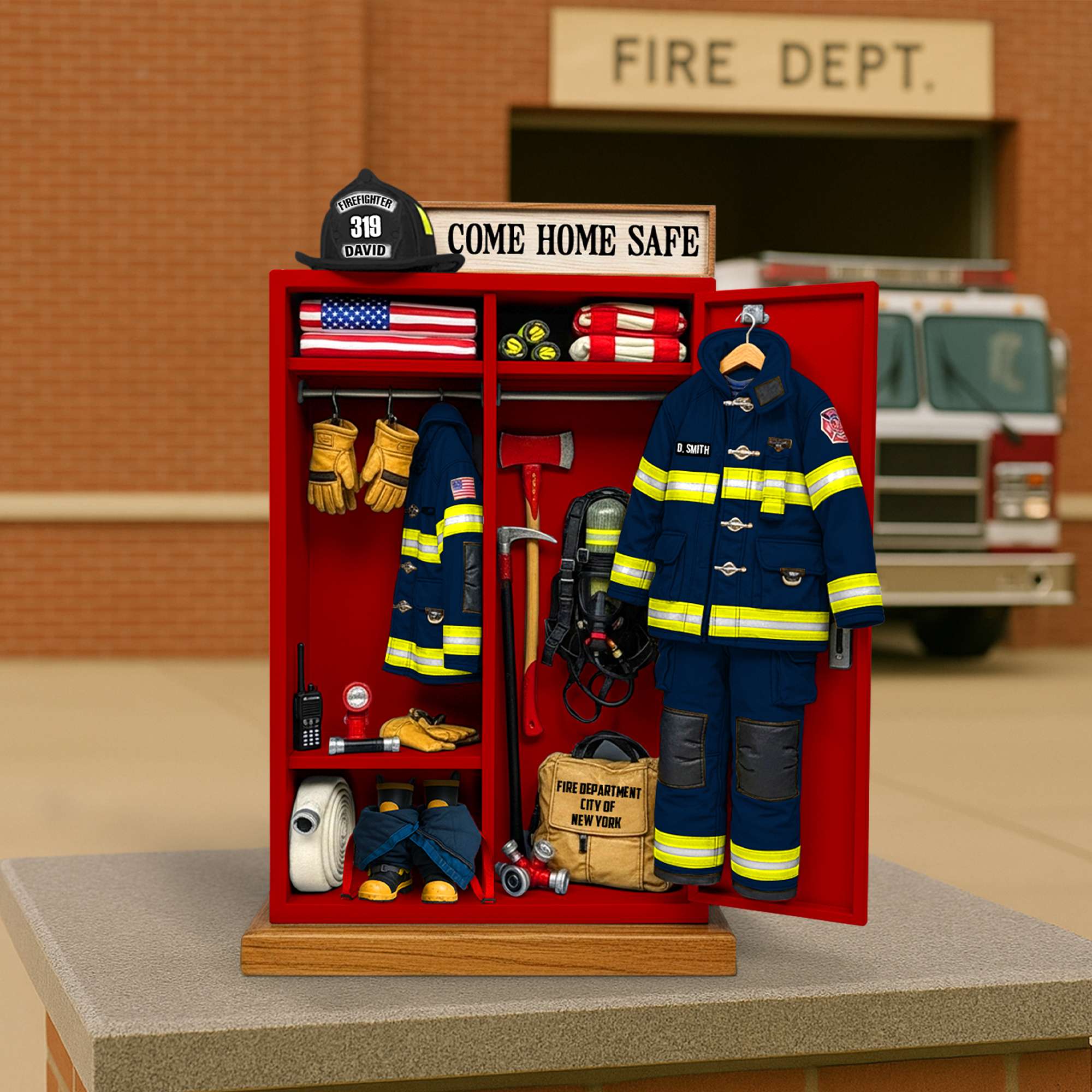 “Come Home Safe” - Personalized Firefighter’s Gear Locker Acrylic Plaque - Unique Gift for Firefighters Shaped Plaques PopCulturePrints