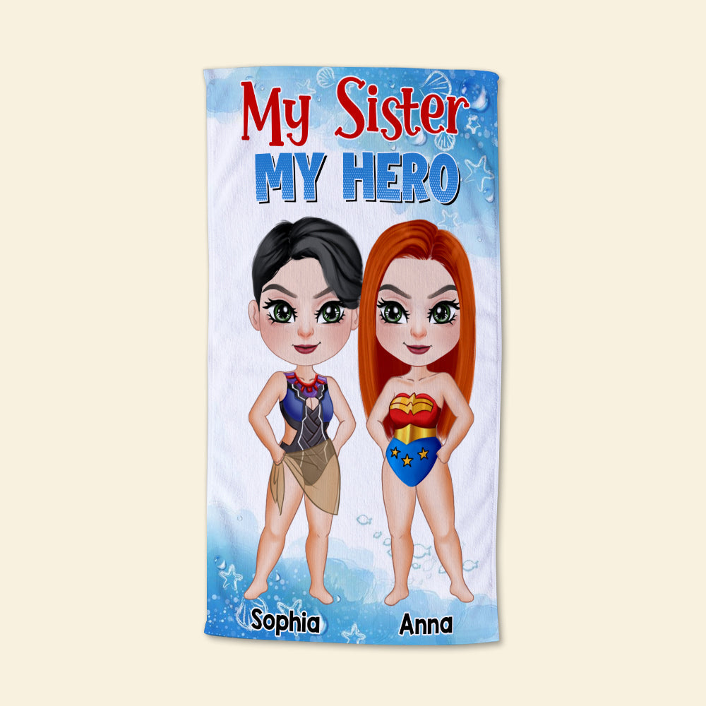 Personalized My Sister My Hero Beach Towel Beach Towel PopCulturePrints