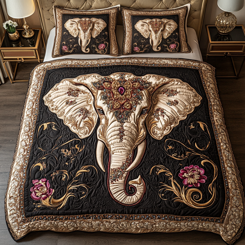 Ornate Elephant Quilt Bed Set – Perfect Gift for Elephant Lovers Blanket PopCulturePrints