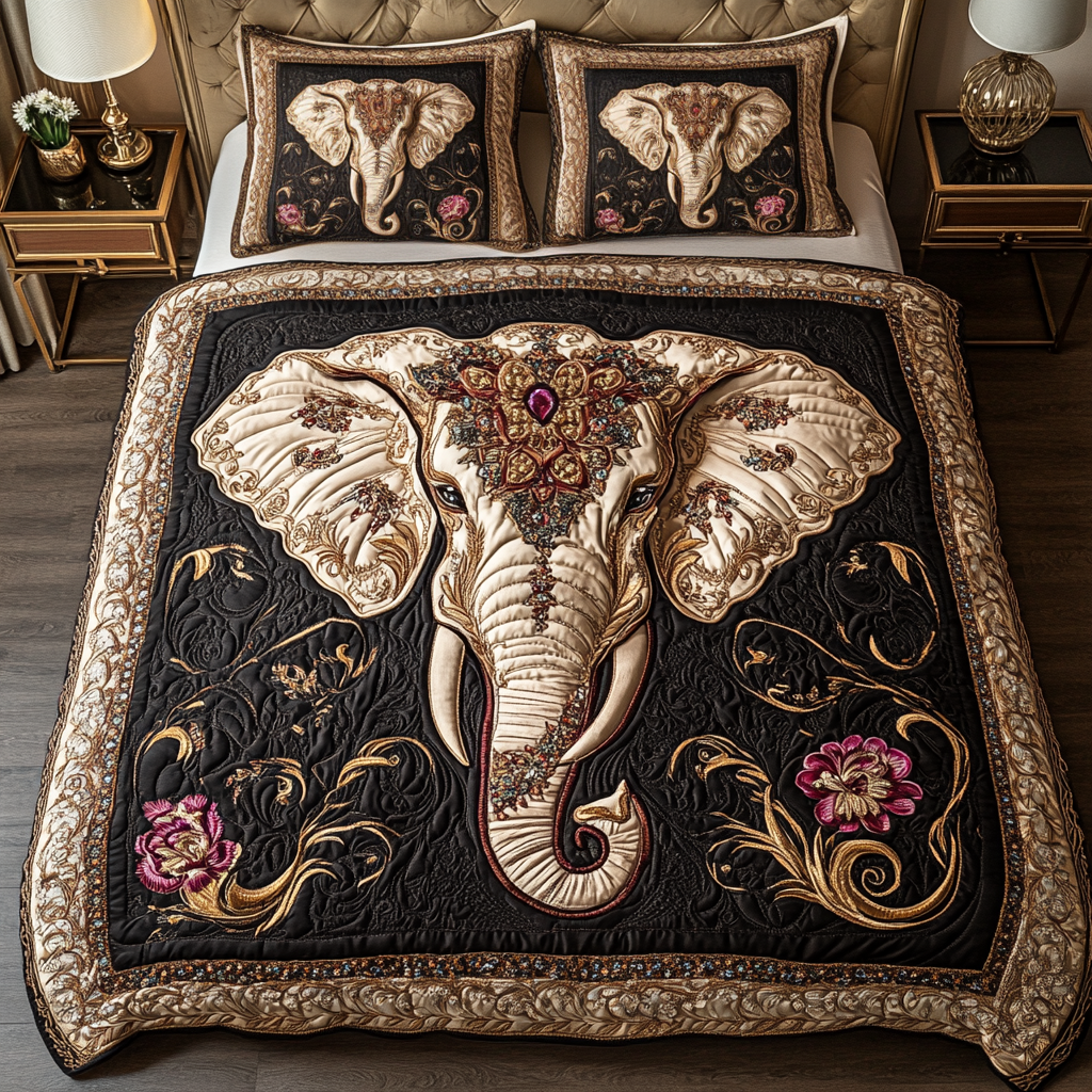 Ornate Elephant Quilt Bed Set – Perfect Gift for Elephant Lovers Blanket PopCulturePrints